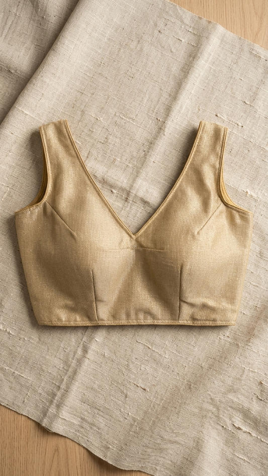Gold Ribbed Velvet Saree Blouse – V-Neck Sleeveless | Size 36