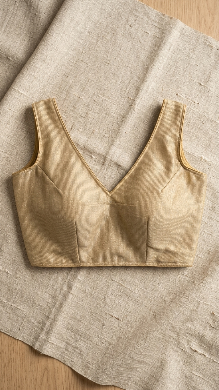 Gold Ribbed Velvet Saree Blouse – V-Neck Sleeveless | Size 36