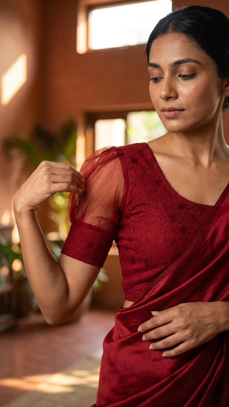 Crimson Stretch Saree Blouse with Organza Sleeves & Lace