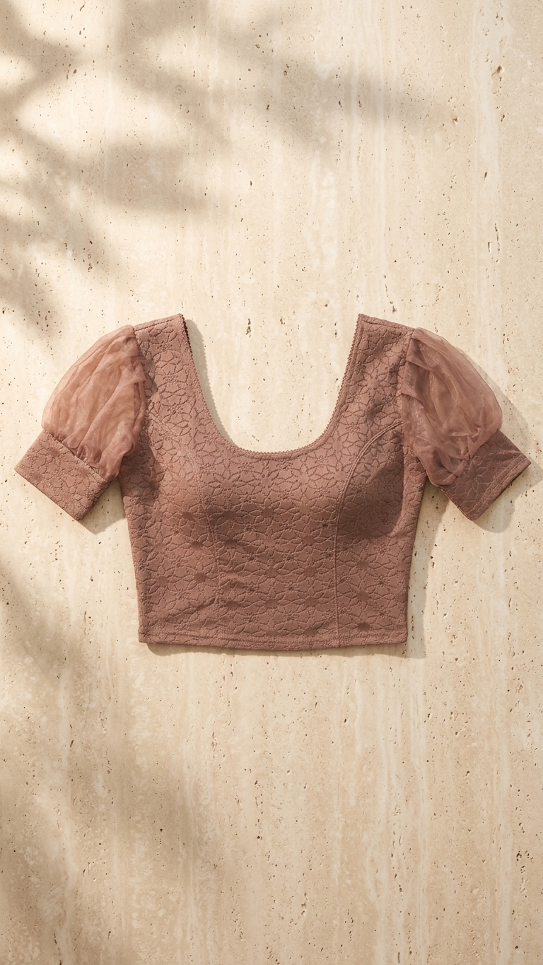Mauve Stretch Lace Blouse with Organza Puff Sleeves