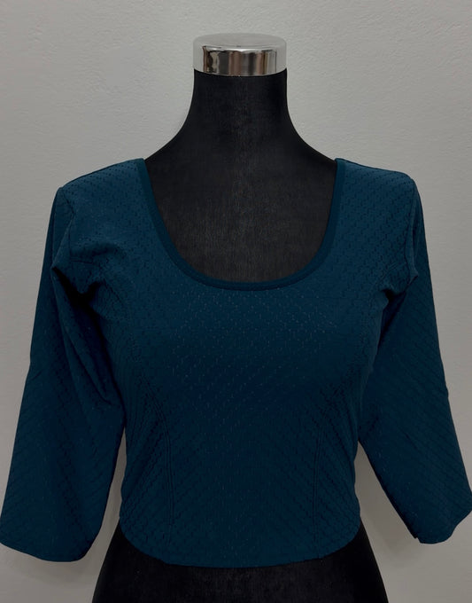 Teal Textured Stretch Blouse | Round Neck 3/4 Sleeve