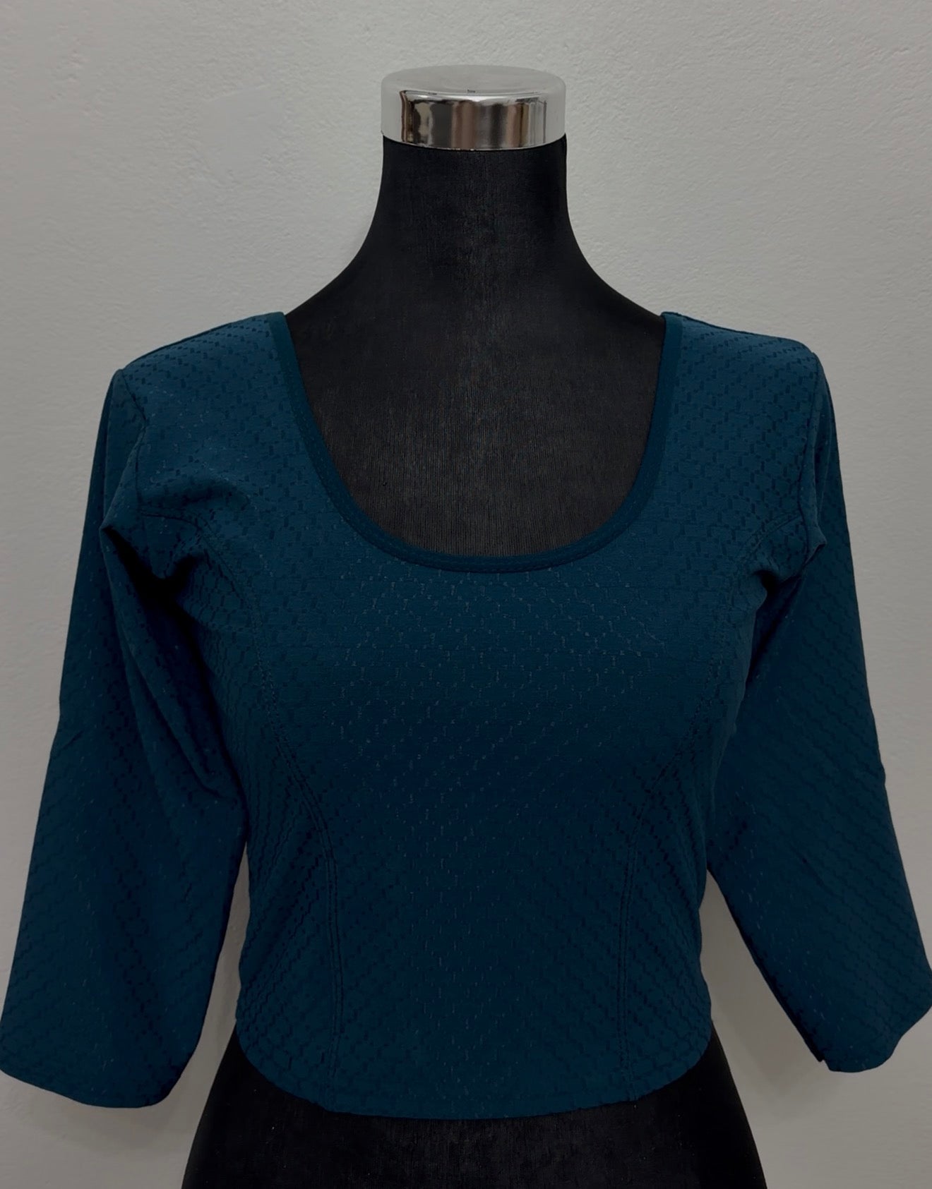 Teal Textured Stretch Blouse | Round Neck 3/4 Sleeve