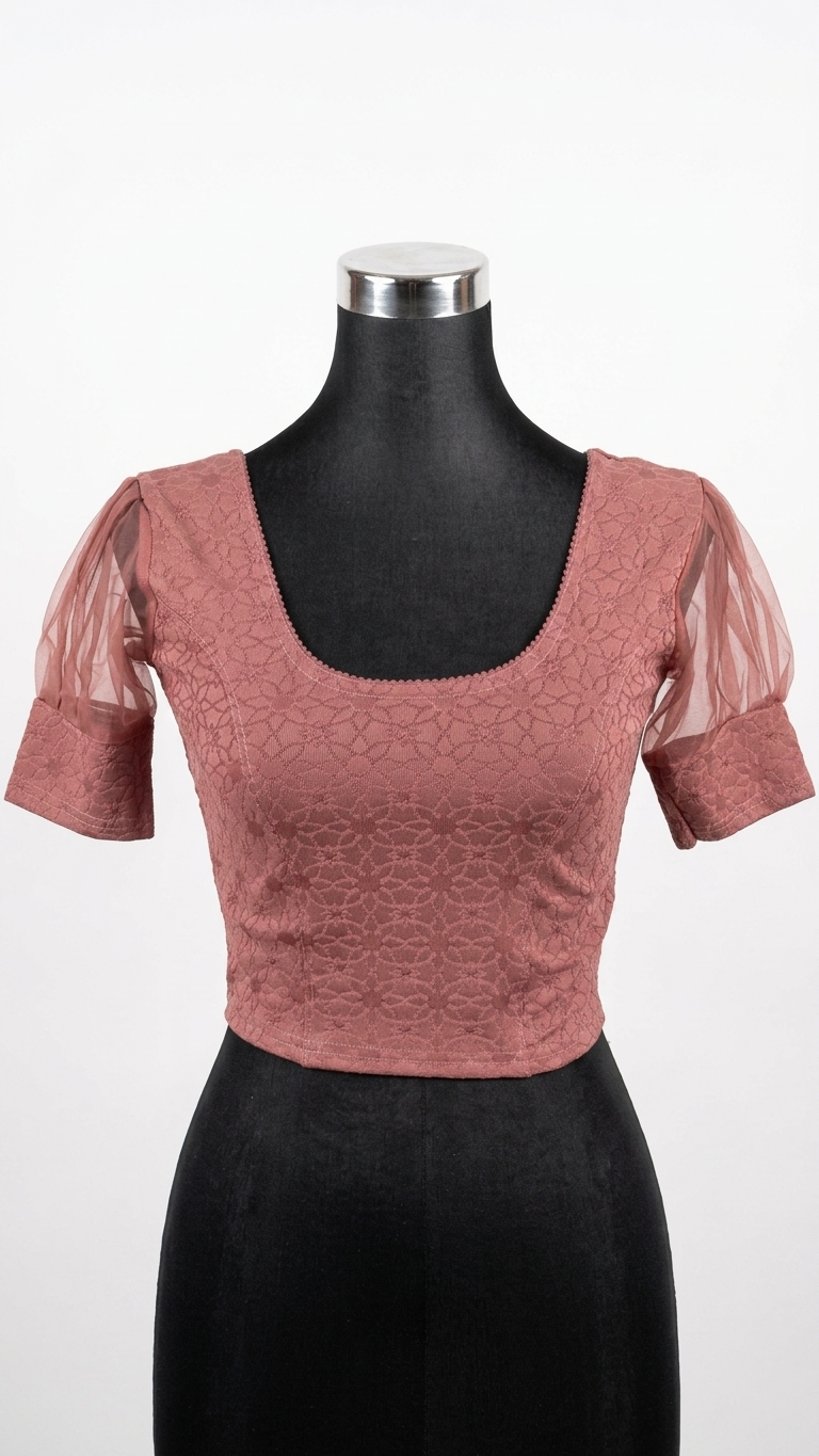 Dusty Rose Lace Blouse with Organza Puff Sleeves | Stretchable