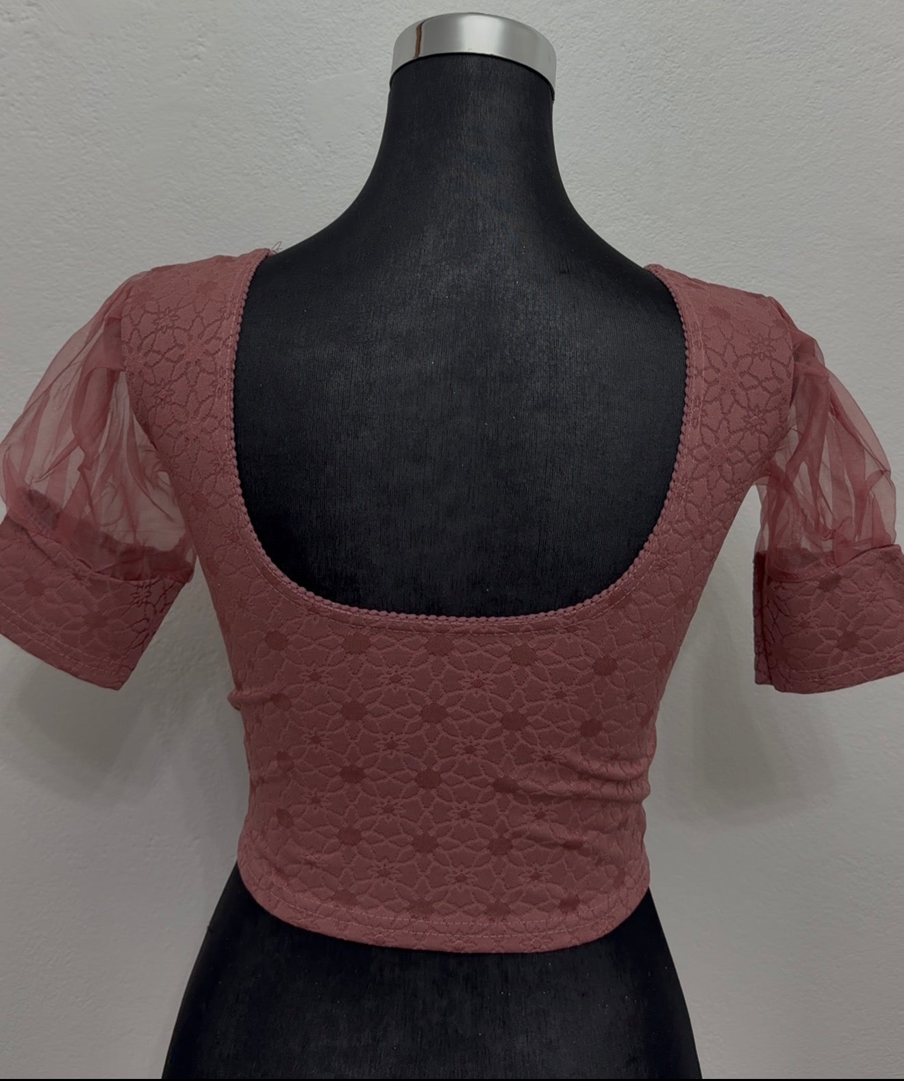 Dusty Rose Lace Blouse with Organza Puff Sleeves | Stretchable