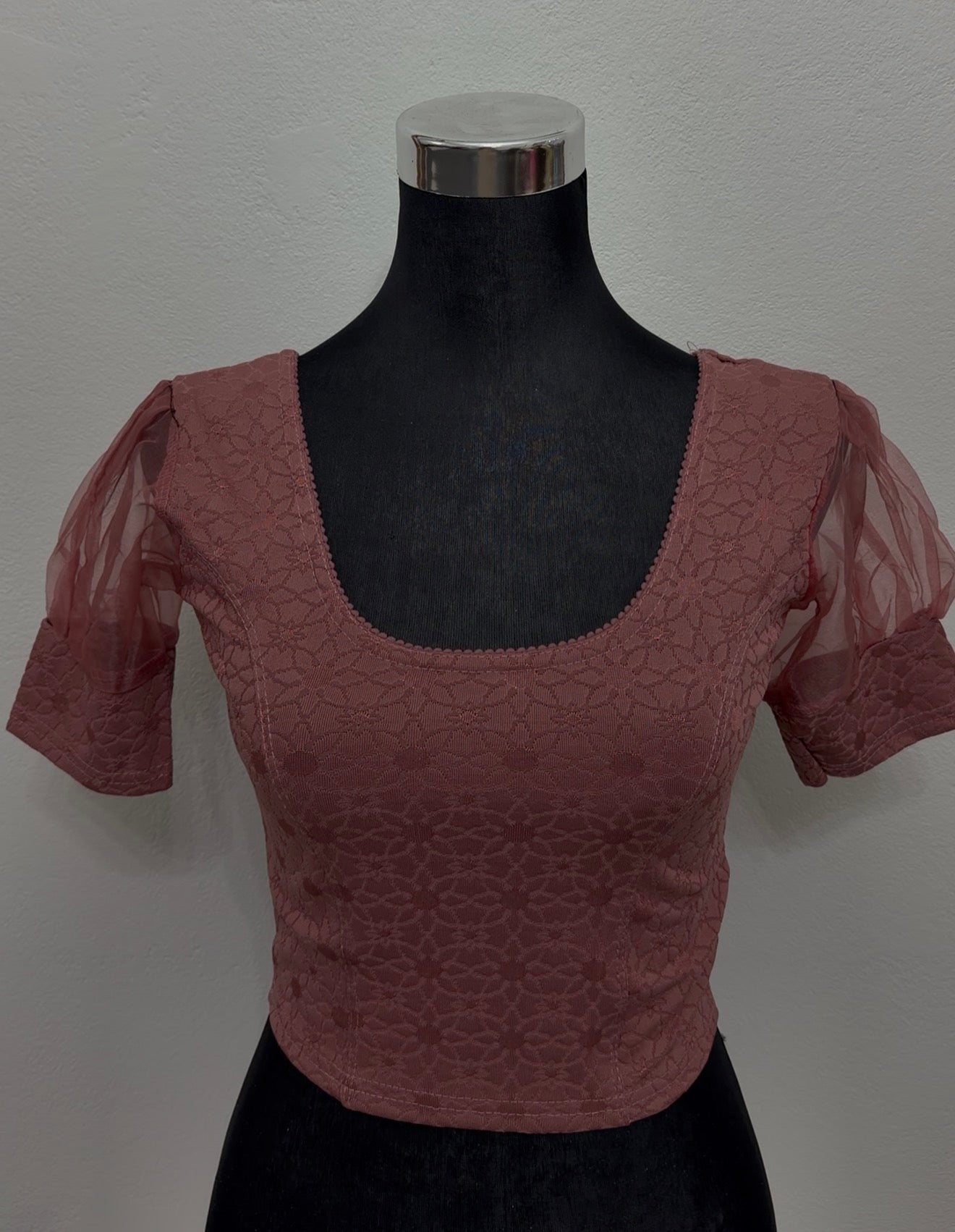 Dusty Rose Lace Blouse with Organza Puff Sleeves | Stretchable