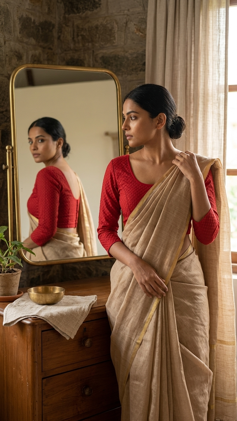 Red Stretch Jacquard Saree Blouse | Fits Size 34–44