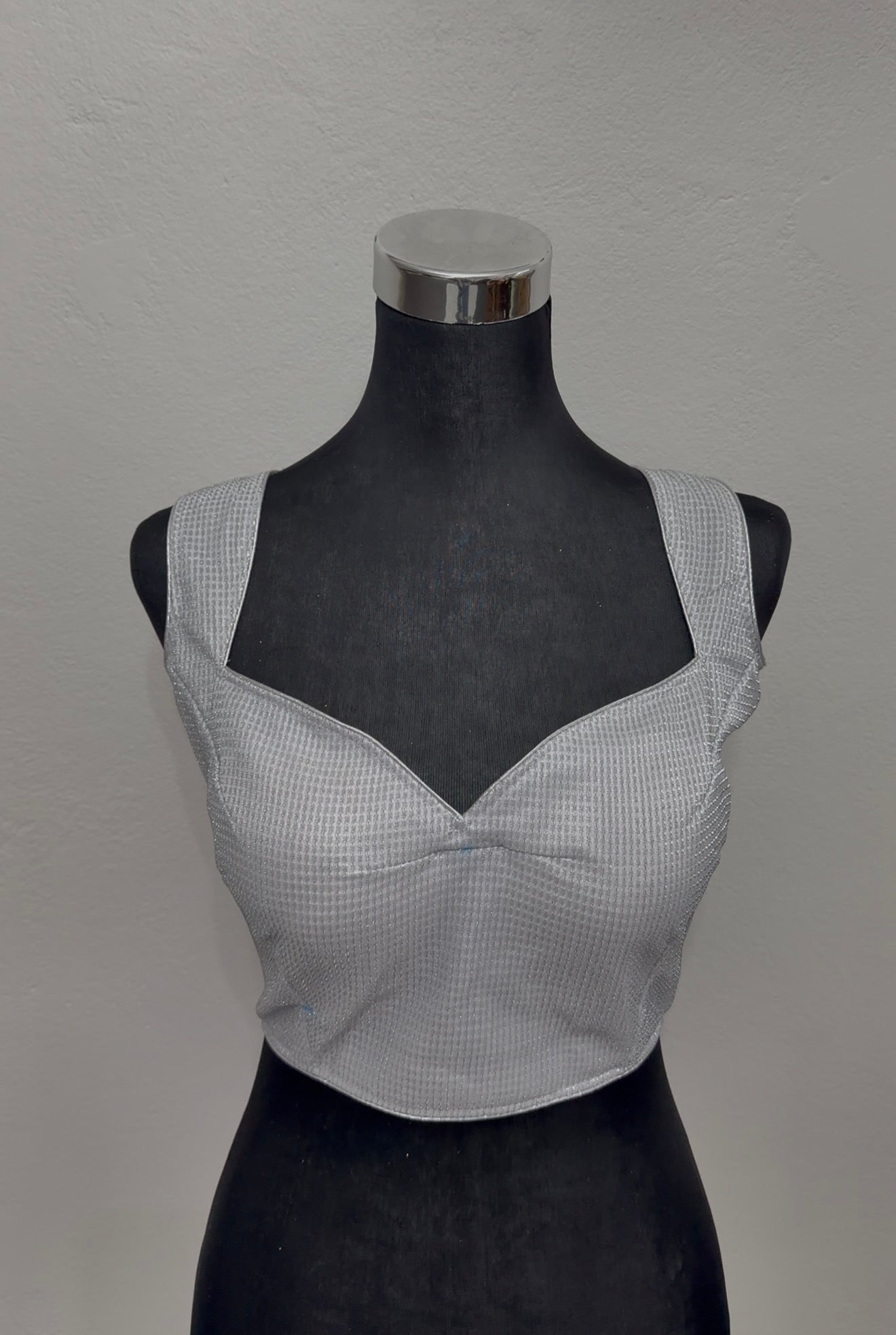 Silver Holographic Saree Blouse | Sleeveless V-Neck Crop