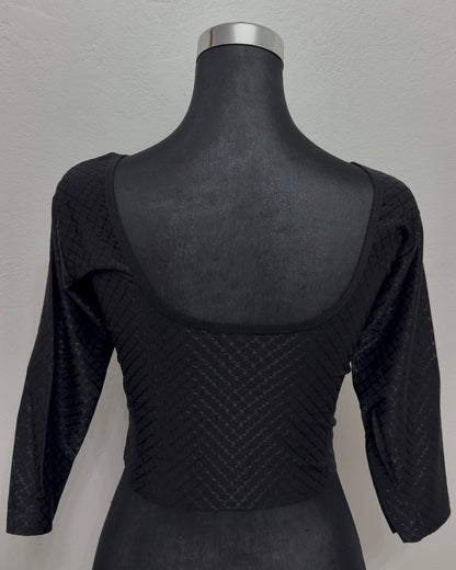 Black Jacquard Stretch Blouse | Scoop Neck 3/4 Sleeve