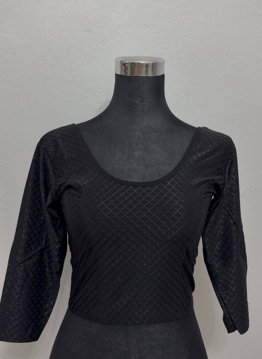 Black Jacquard Stretch Blouse | Scoop Neck 3/4 Sleeve