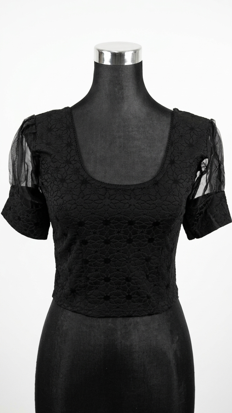 Black Jacquard Saree Blouse with Organza Puff Sleeves