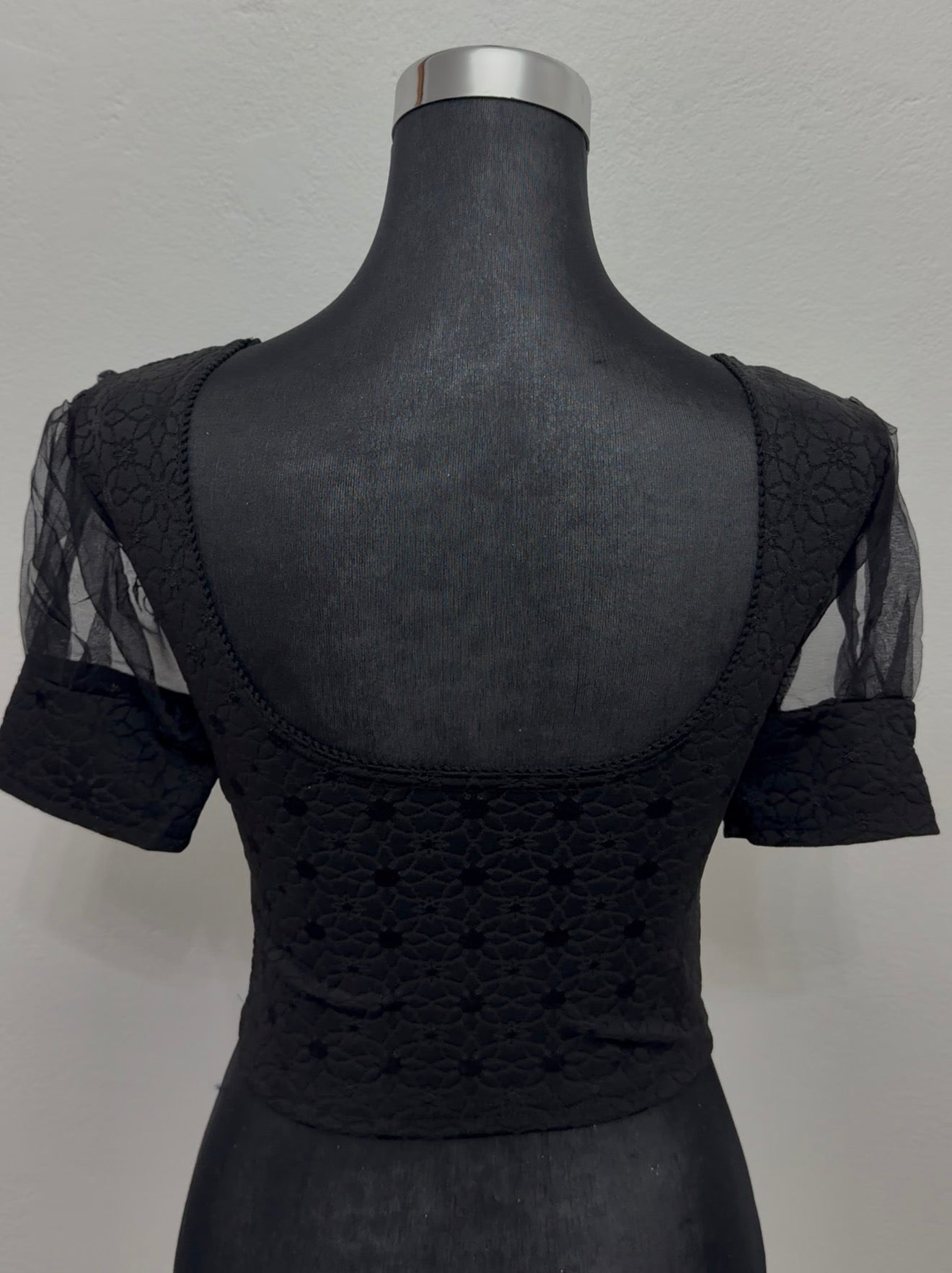 Black Jacquard Saree Blouse with Organza Puff Sleeves