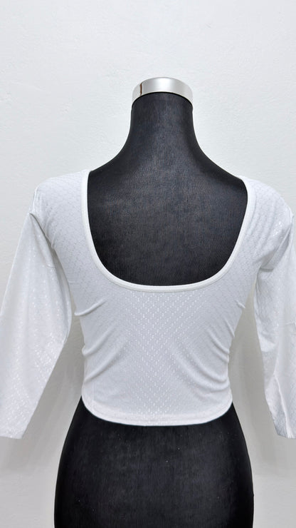 White Cotton Jacquard Stretchable Saree Blouse | Free Size
