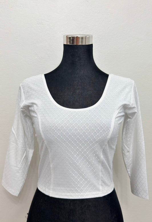 White Cotton Jacquard Stretchable Saree Blouse | Free Size