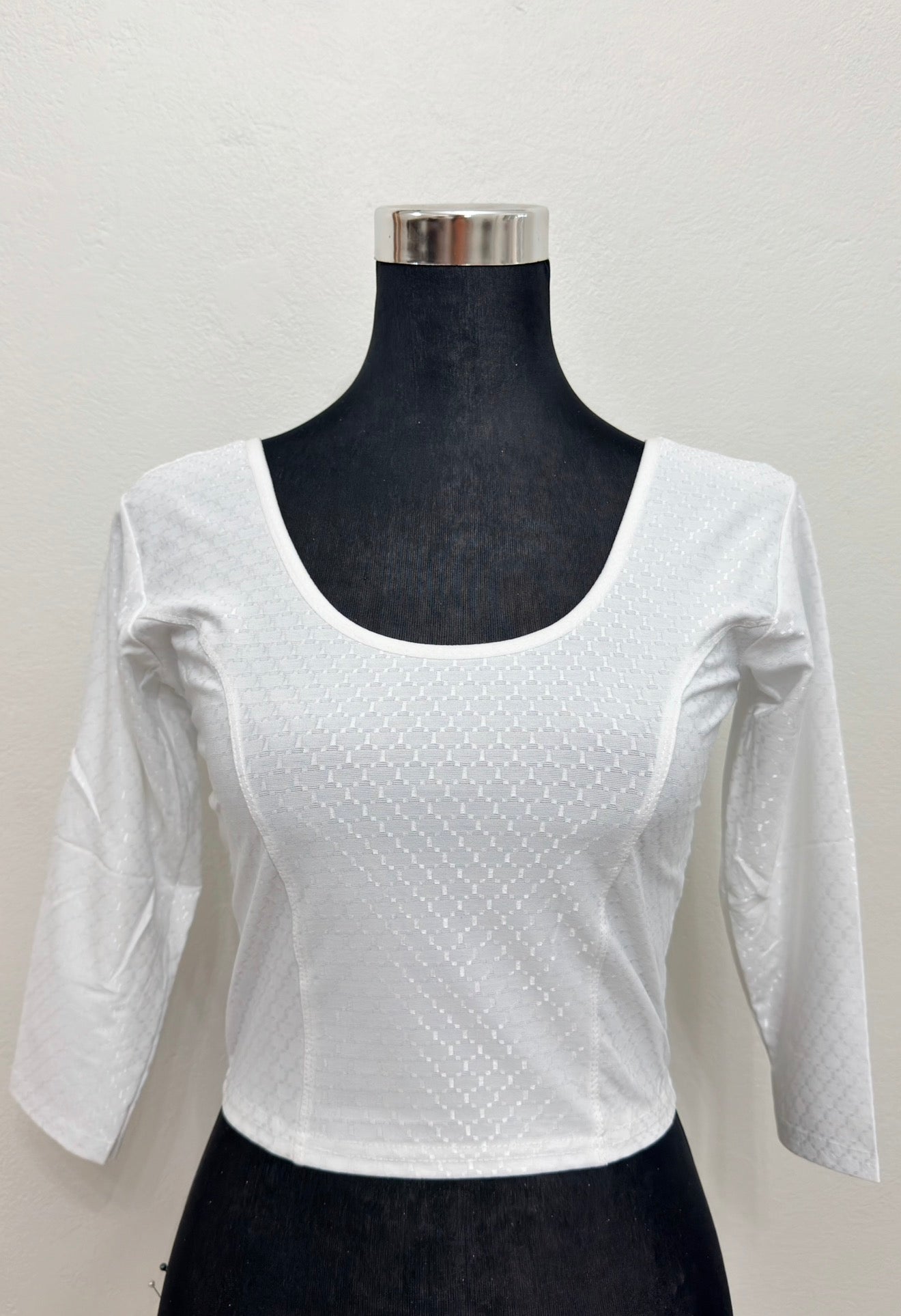 White Cotton Jacquard Stretchable Saree Blouse | Free Size