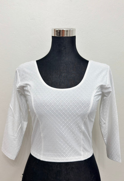 White Cotton Jacquard Stretchable Saree Blouse | Free Size