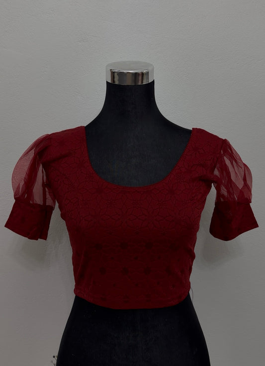 Crimson Stretch Saree Blouse with Organza Sleeves & Lace