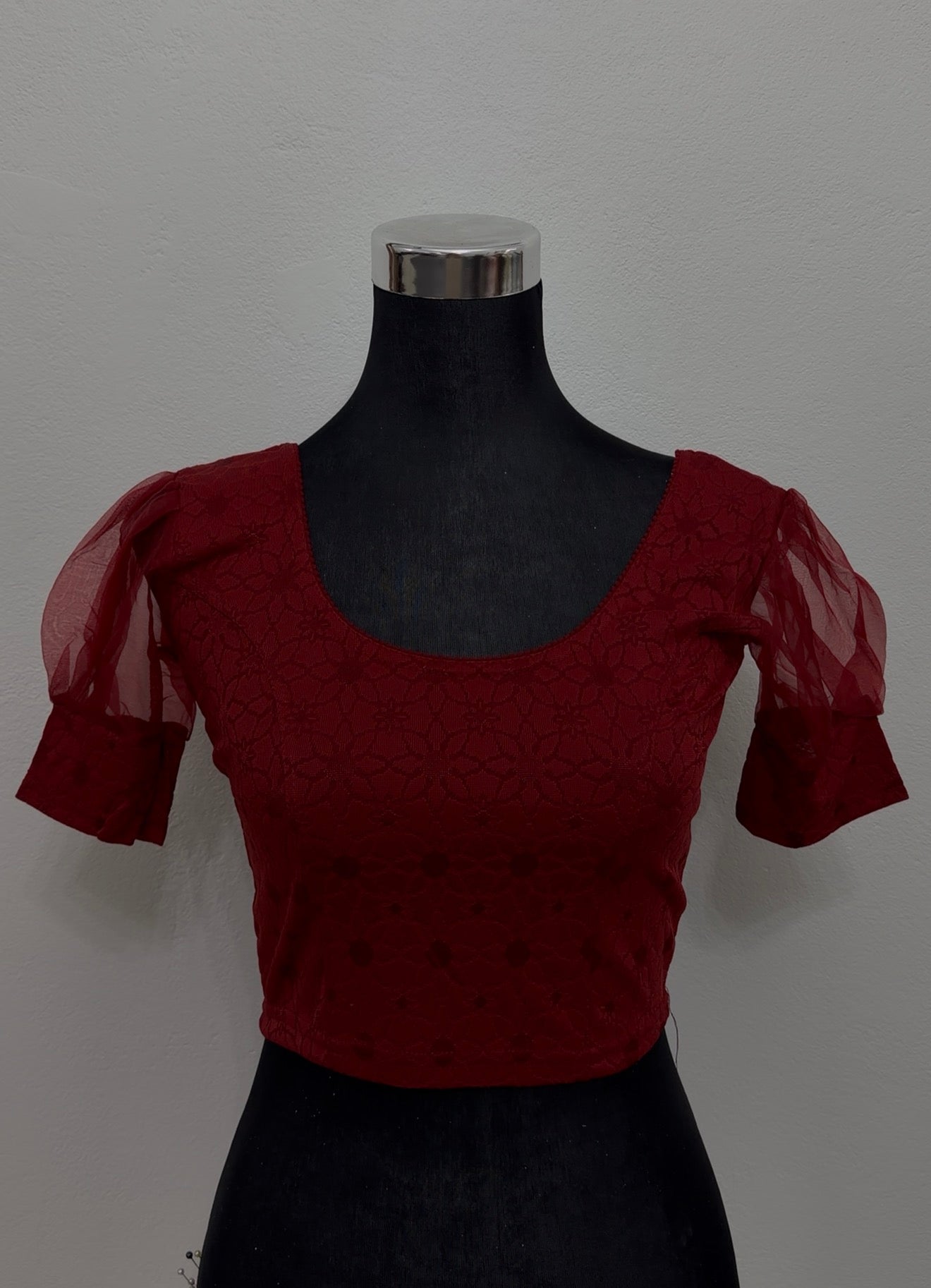 Crimson Stretch Saree Blouse with Organza Sleeves & Lace