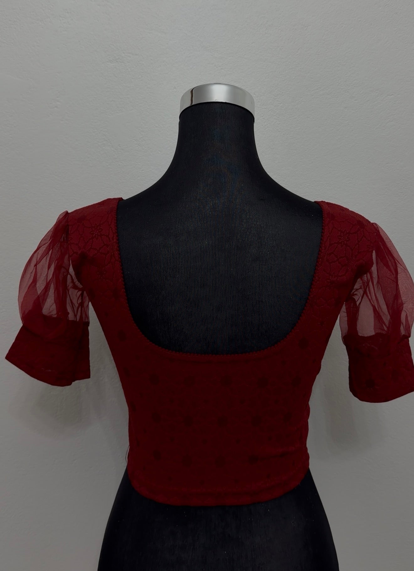 Crimson Stretch Saree Blouse with Organza Sleeves & Lace