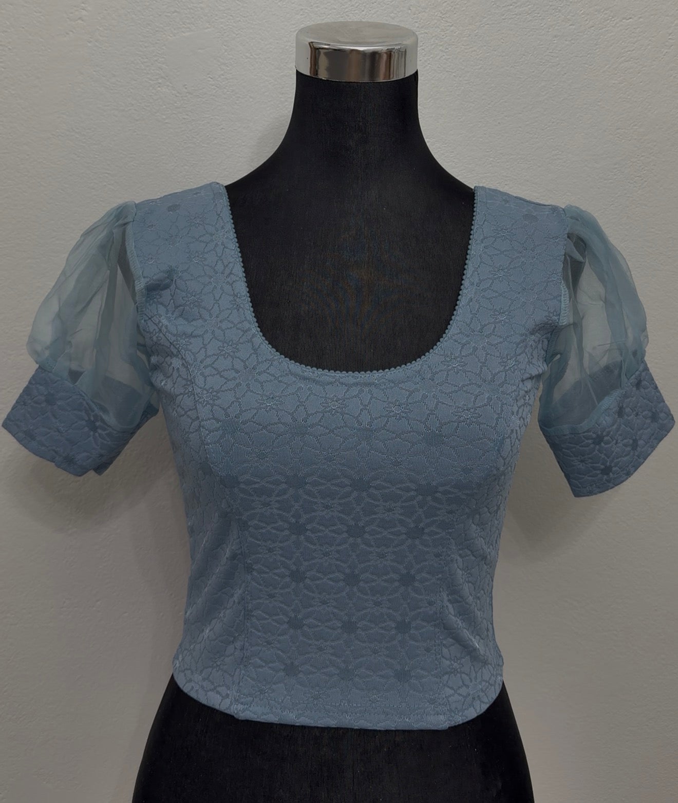 Steel Blue Stretch Lace Saree Blouse with Organza Sleeves