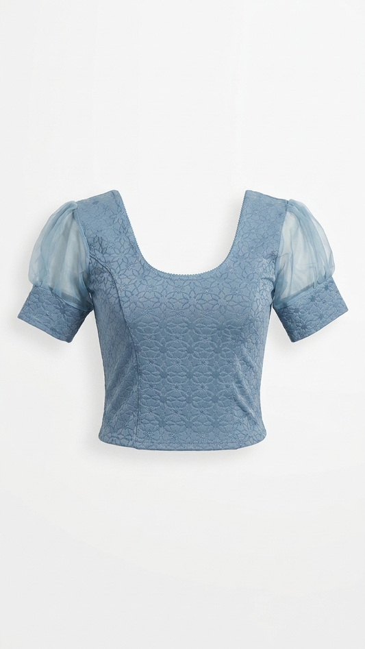 Steel Blue Stretch Lace Saree Blouse with Organza Sleeves