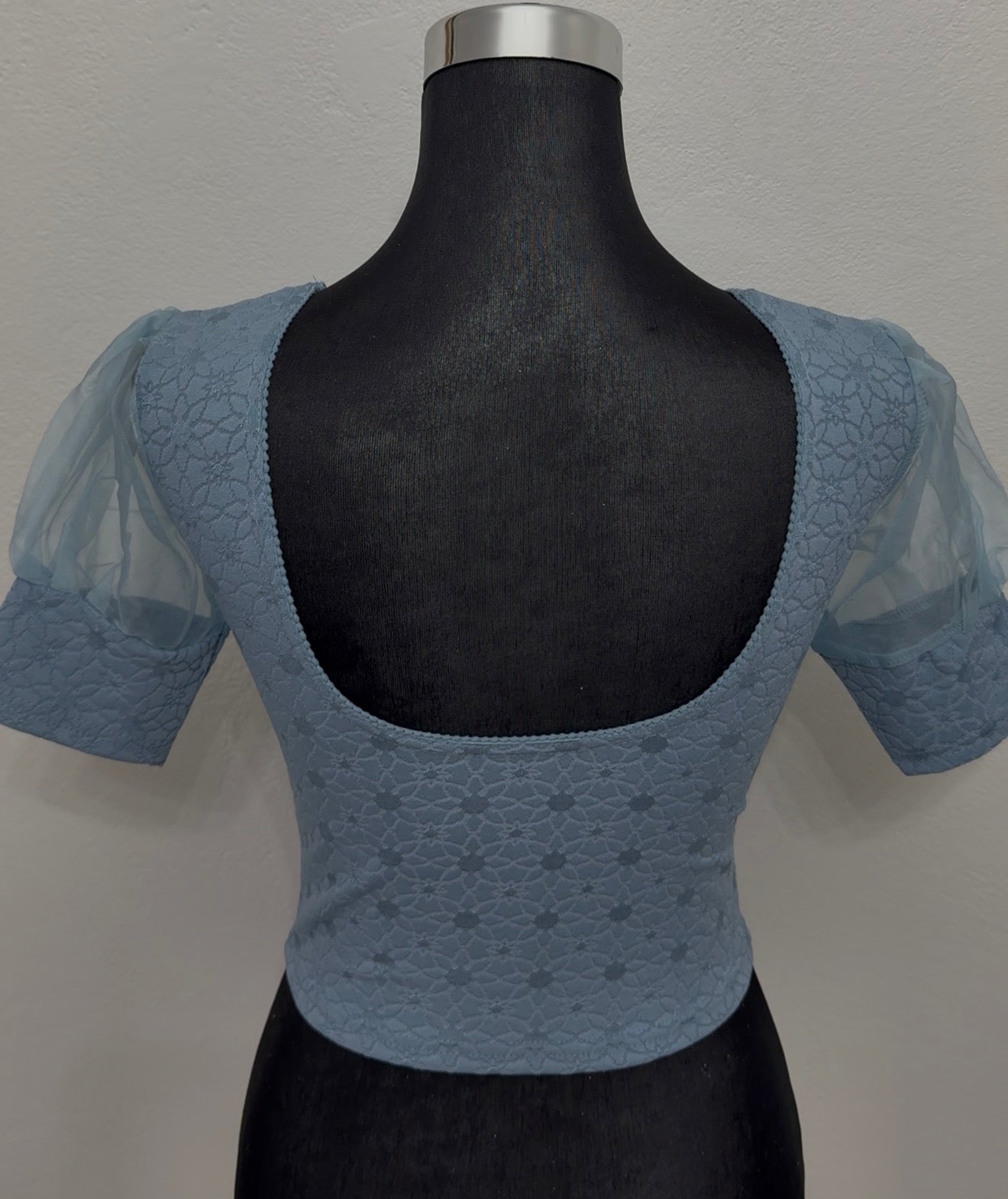 Steel Blue Stretch Lace Saree Blouse with Organza Sleeves