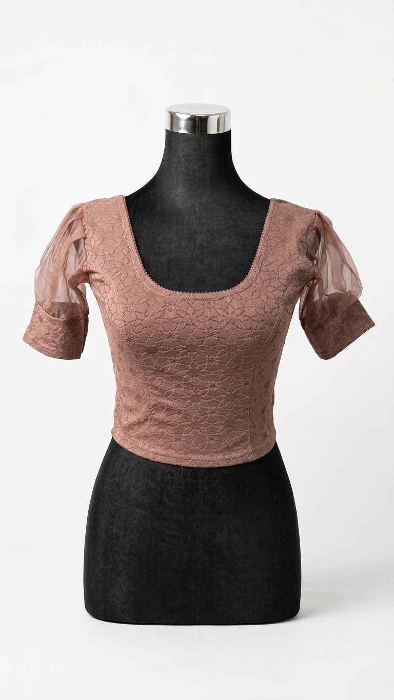 Mauve Stretch Lace Blouse with Organza Puff Sleeves