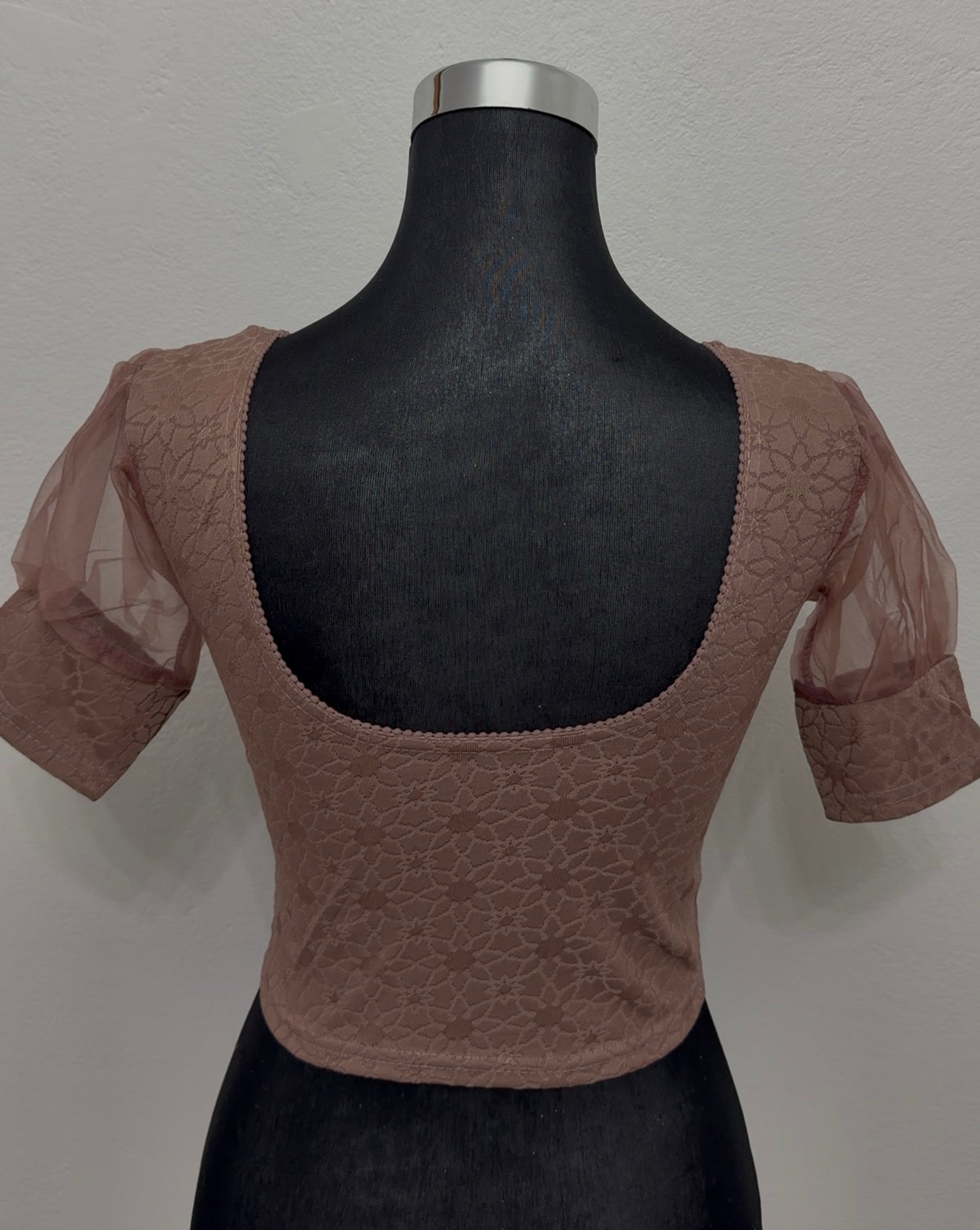 Mauve Stretch Lace Blouse with Organza Puff Sleeves