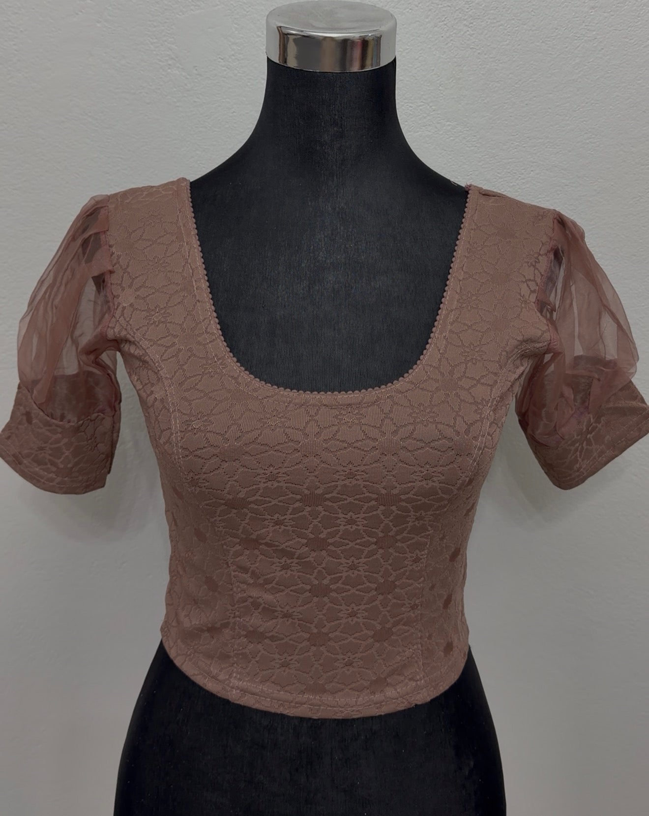 Mauve Stretch Lace Blouse with Organza Puff Sleeves