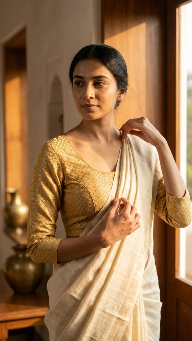Mustard Gold Jacquard Stretchable Saree Blouse | Sizes 34–44