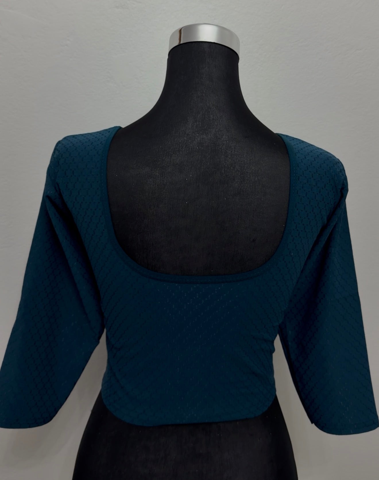 Teal Textured Stretch Blouse | Round Neck 3/4 Sleeve