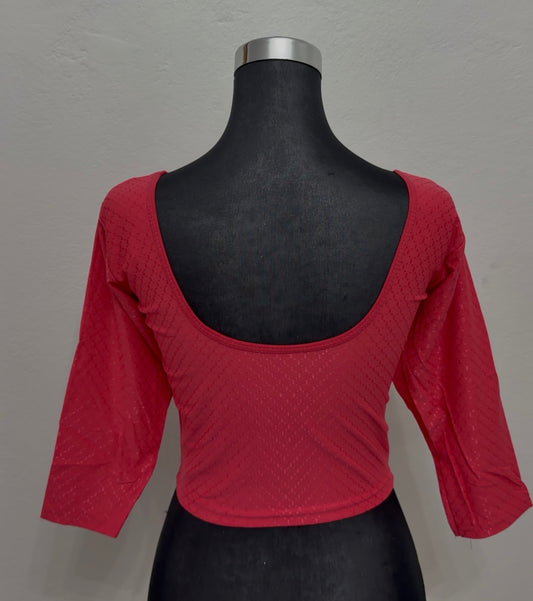 Crimson Stretch Jacquard Blouse | Scoop Neck 3/4 Sleeve
