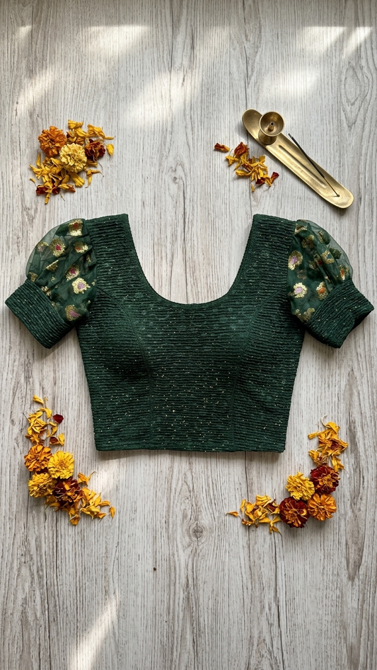 Emerald Green Textured Blouse with Organza Puff Sleeves
