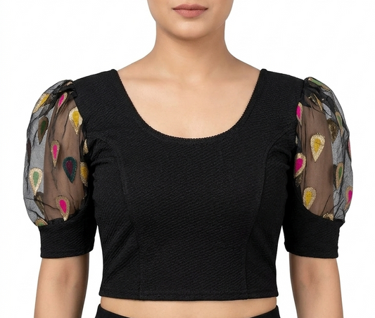 Black Jacquard Blouse with Organza Puff Sleeves & Buti Embroidery