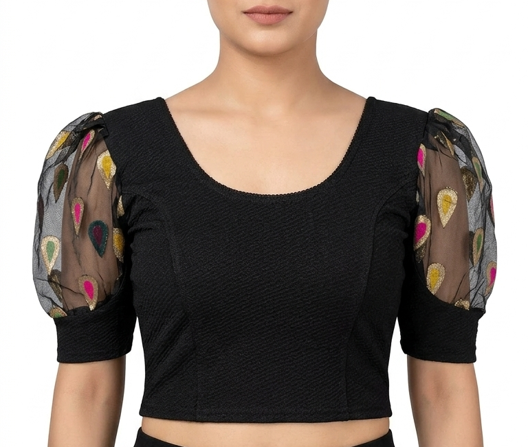 Black Jacquard Blouse with Organza Puff Sleeves & Buti Embroidery