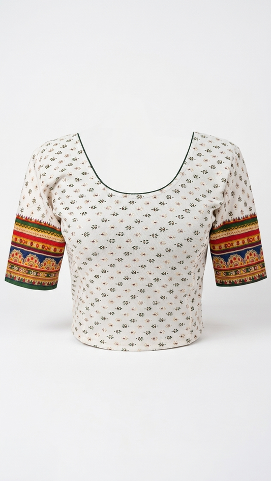 Ivory Cotton Block Print Blouse with Ethnic Border Sleeves