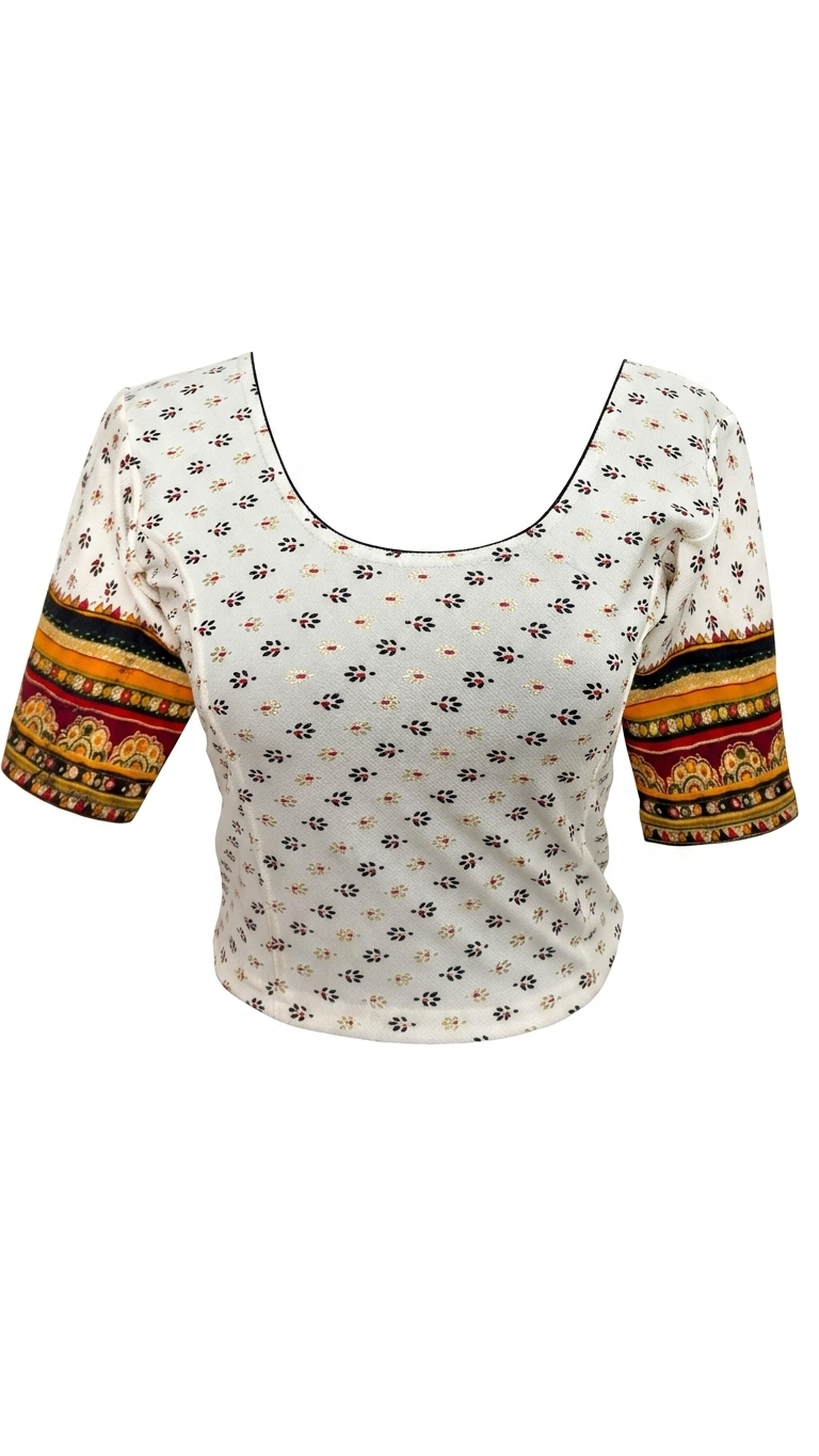 Ivory Cotton Blouse with Block Print & Kalamkari Sleeves