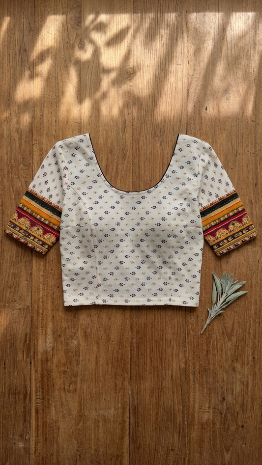 Ivory Cotton Block Print Blouse with Patchwork Border Sleeves