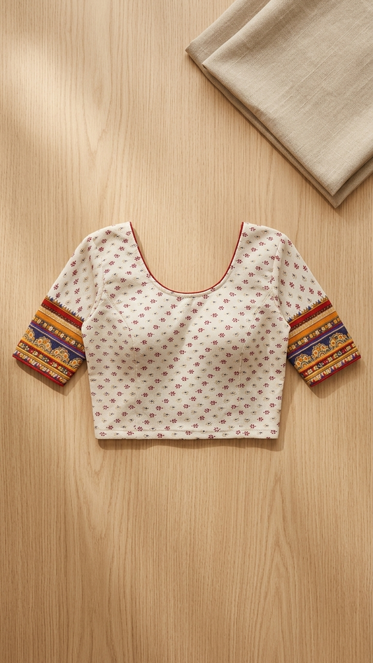 Ivory Cotton Saree Blouse with Multicolour Border Sleeves