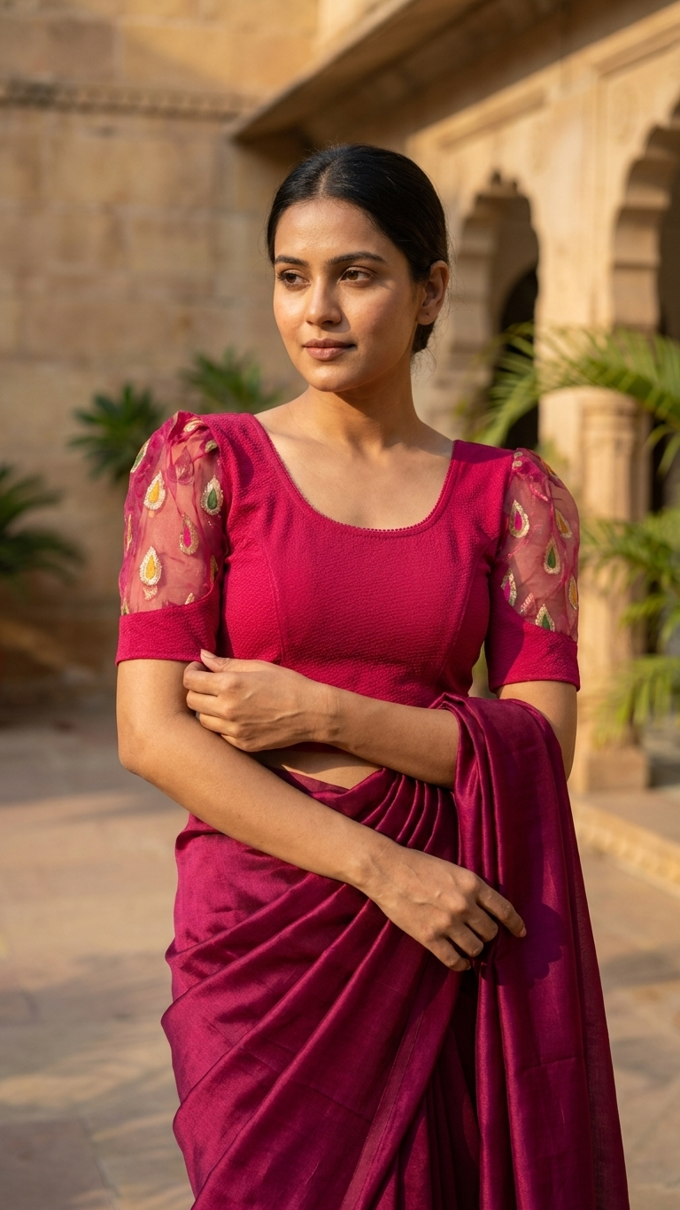 Fuchsia Silk Blend Saree Blouse with Organza Sleeves