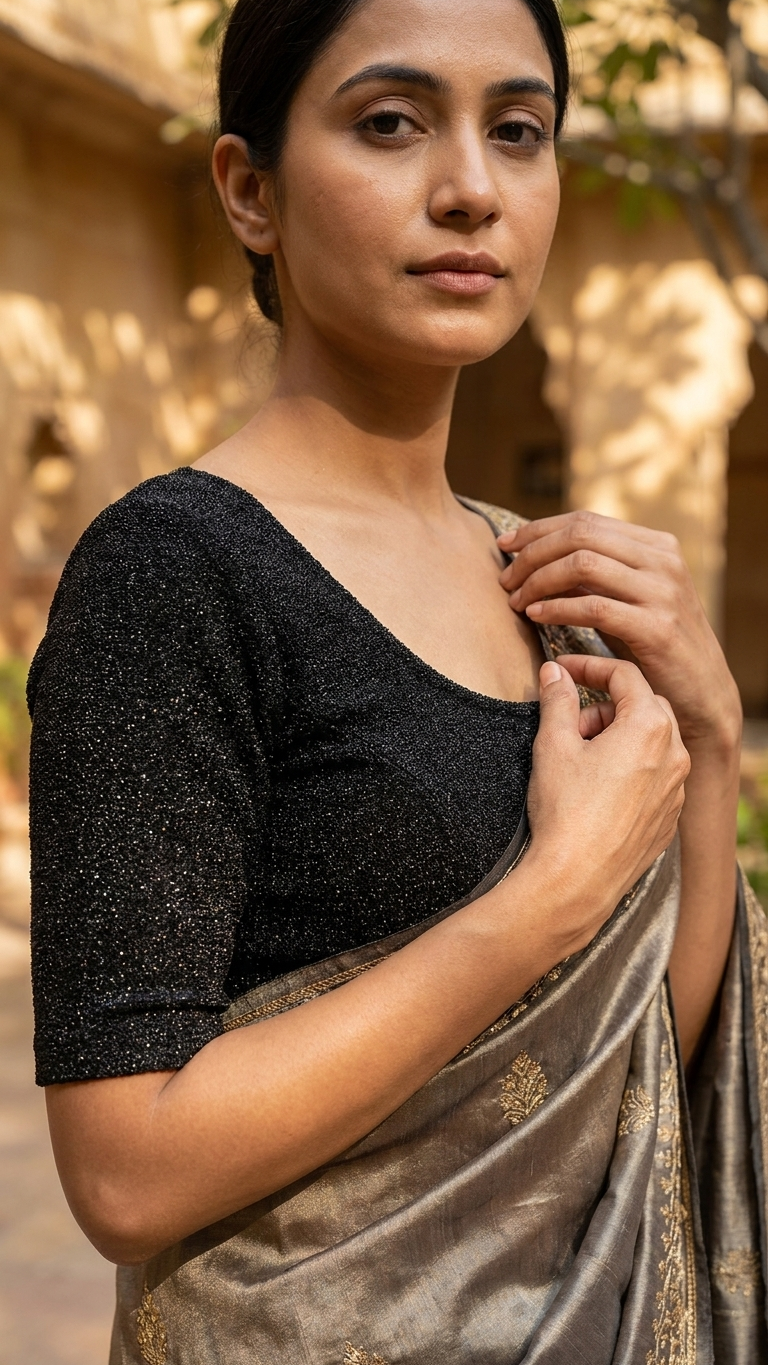 Black Shimmer Blouse with Grey Gold Embroidered Saree Drape
