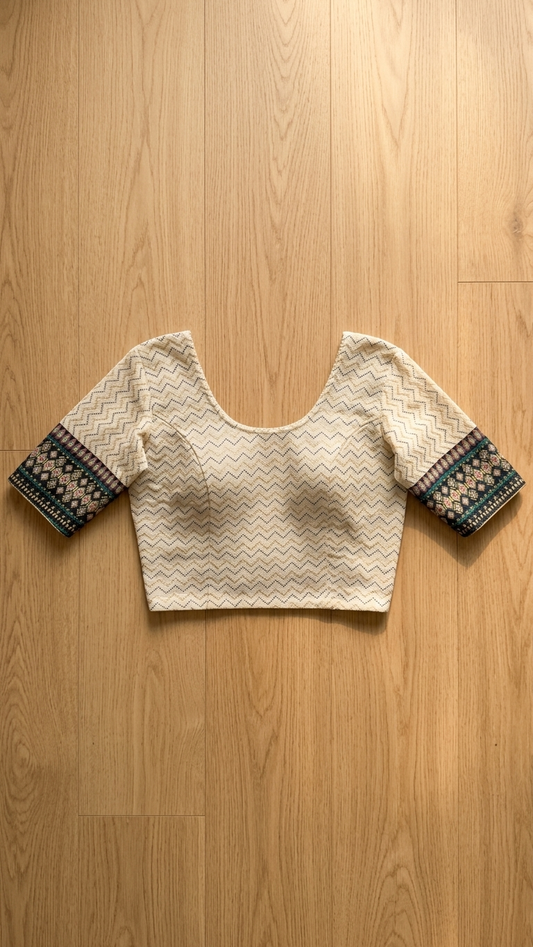 Ivory Cotton Ikat Blouse with Geometric Border Cuffs