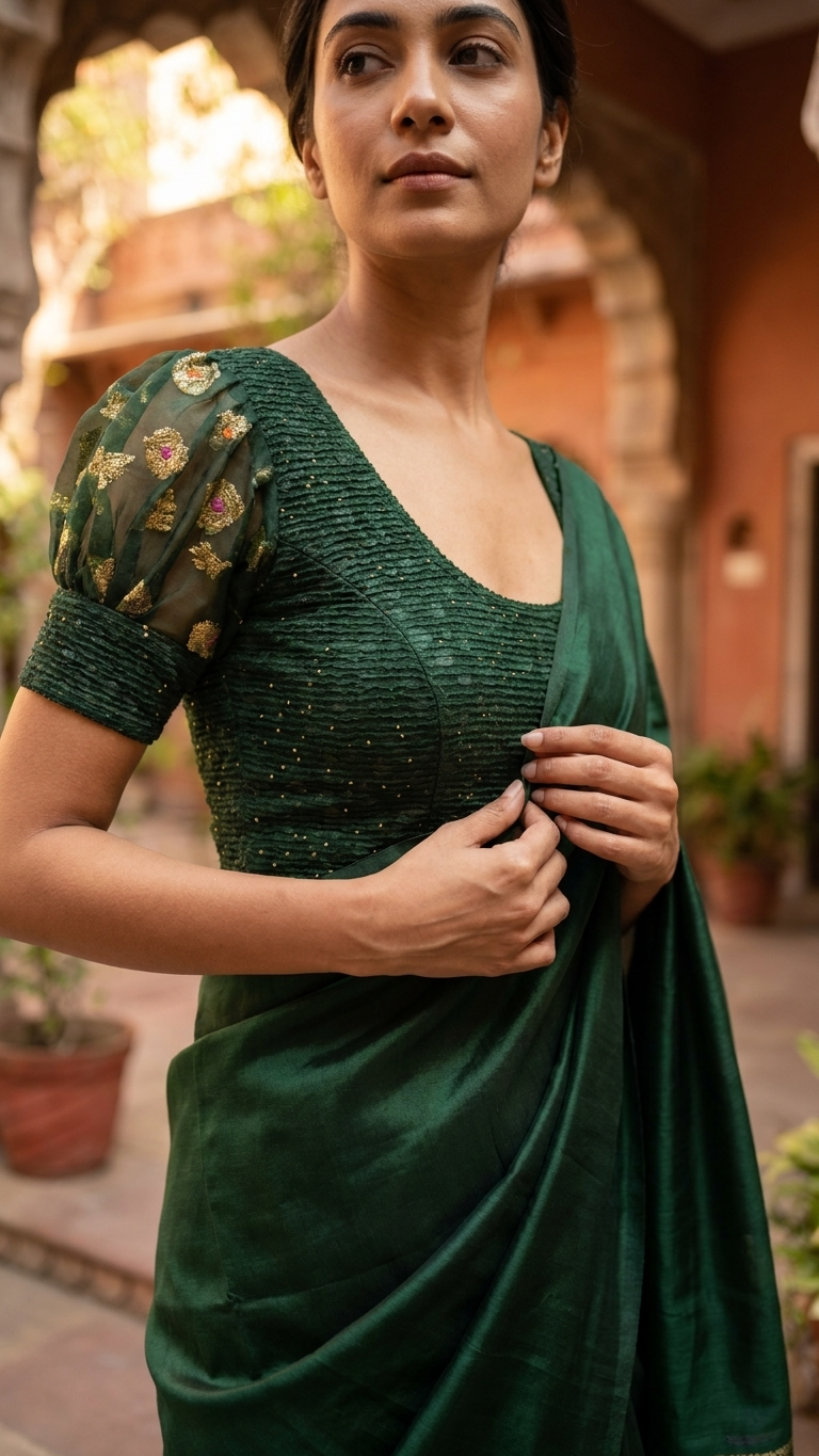 Emerald Green Textured Blouse with Organza Puff Sleeves