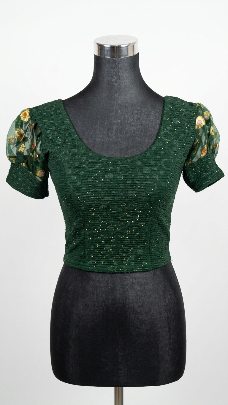 Emerald Green Textured Blouse with Organza Puff Sleeves