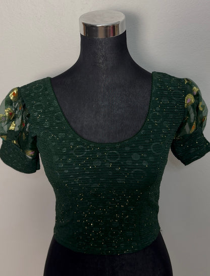 Emerald Green Textured Blouse with Organza Puff Sleeves