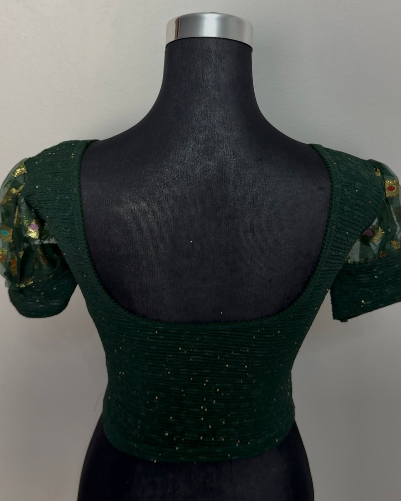 Emerald Green Textured Blouse with Organza Puff Sleeves