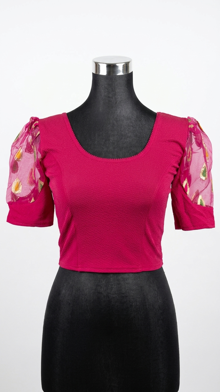 Fuchsia Silk Blend Saree Blouse with Organza Sleeves