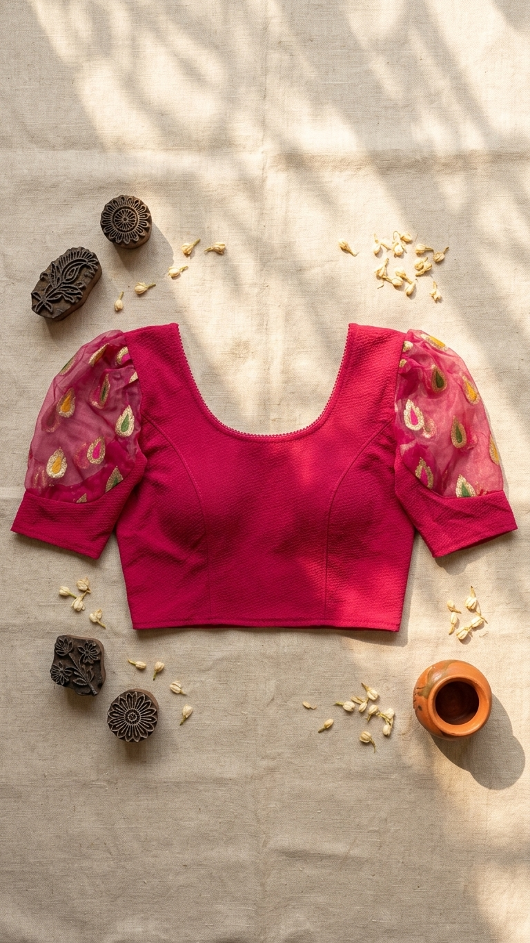 Fuchsia Silk Blend Saree Blouse with Organza Sleeves