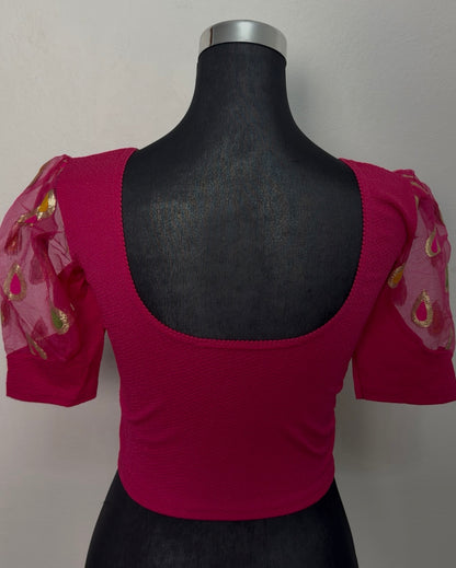 Fuchsia Silk Blend Saree Blouse with Organza Sleeves