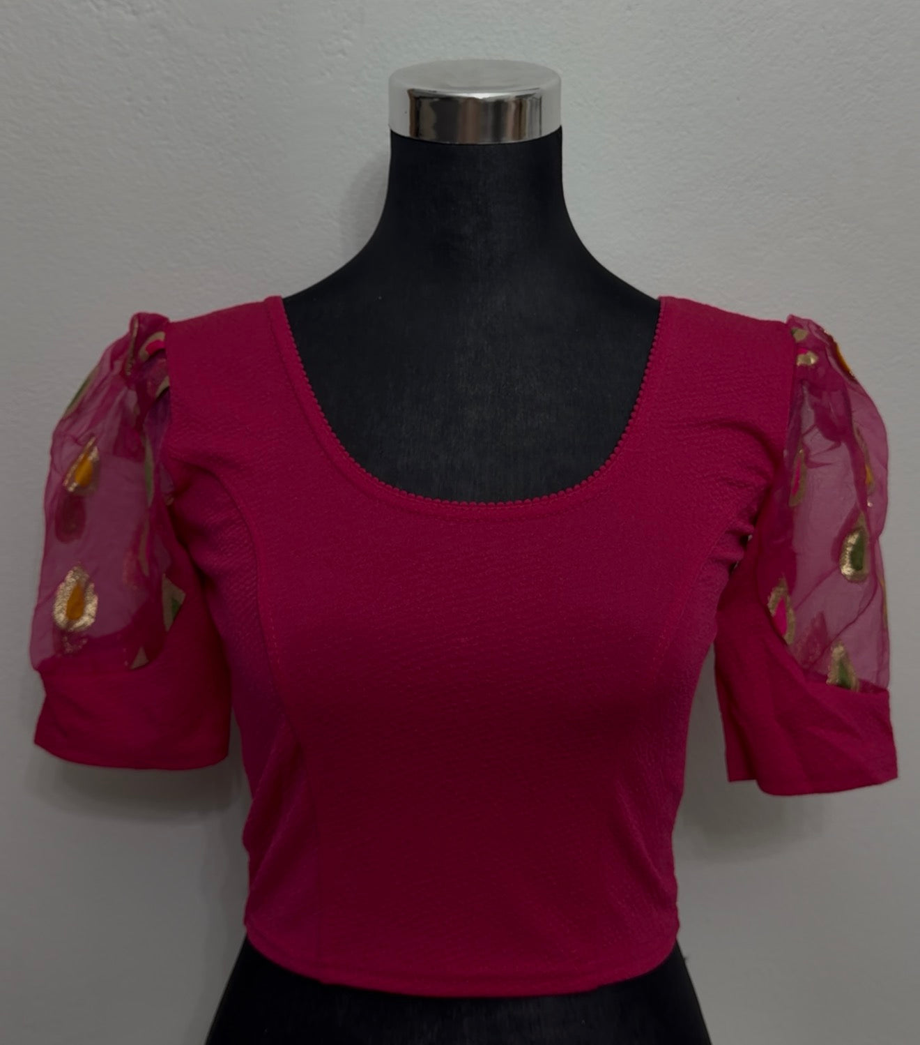 Fuchsia Silk Blend Saree Blouse with Organza Sleeves