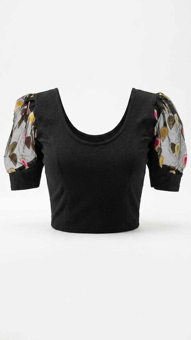 Black Jacquard Blouse with Organza Puff Sleeves & Buti Embroidery